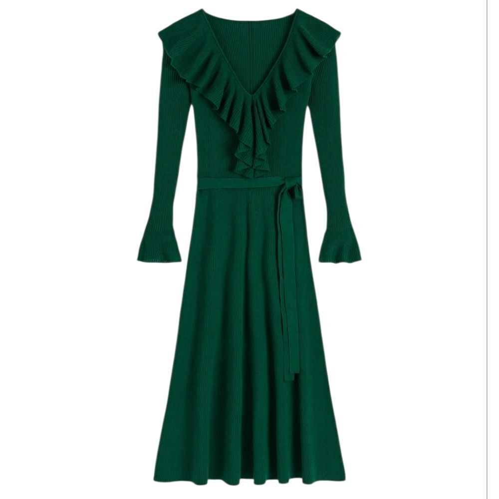 Boden Emerald Night Ruffled Ribbed Dress Size 8R